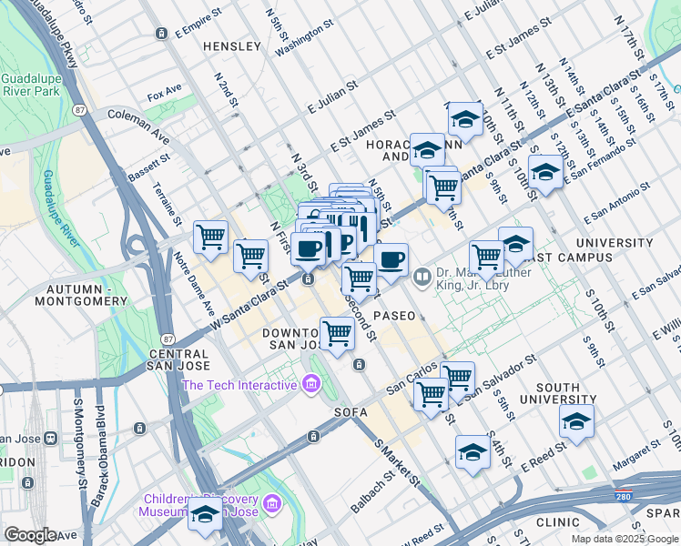 map of restaurants, bars, coffee shops, grocery stores, and more near 20 South 2nd Street in San Jose