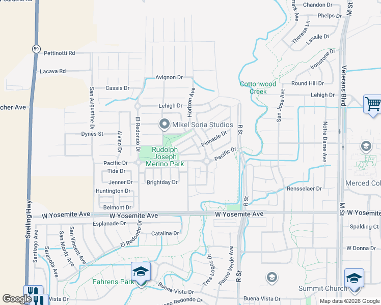 map of restaurants, bars, coffee shops, grocery stores, and more near 1216 Sunup Drive in Merced
