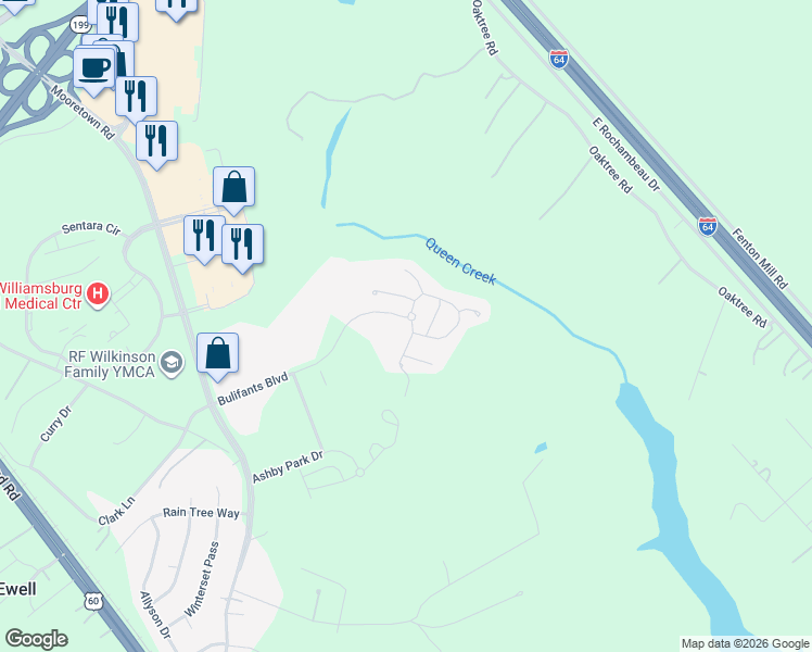 map of restaurants, bars, coffee shops, grocery stores, and more near 501 Bulifants Boulevard in Williamsburg