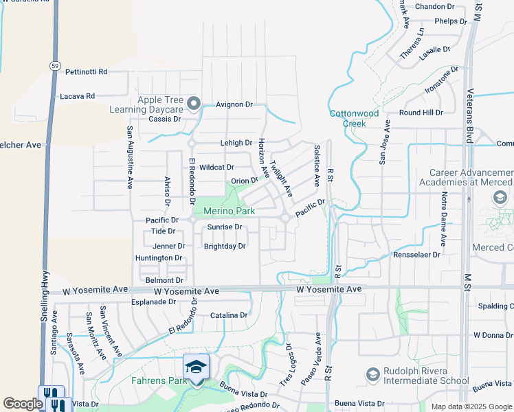 map of restaurants, bars, coffee shops, grocery stores, and more near 1288 Sunup Drive in Merced
