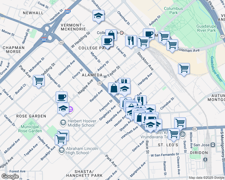 map of restaurants, bars, coffee shops, grocery stores, and more near 1650 The Alameda in San Jose