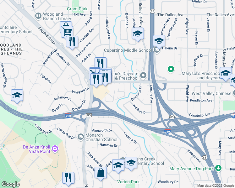 map of restaurants, bars, coffee shops, grocery stores, and more near 10923 Sweet Oak Street in Cupertino