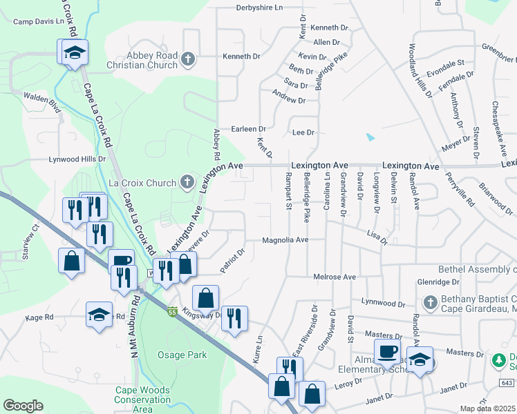 map of restaurants, bars, coffee shops, grocery stores, and more near 2960 Jasmine Lane in Cape Girardeau