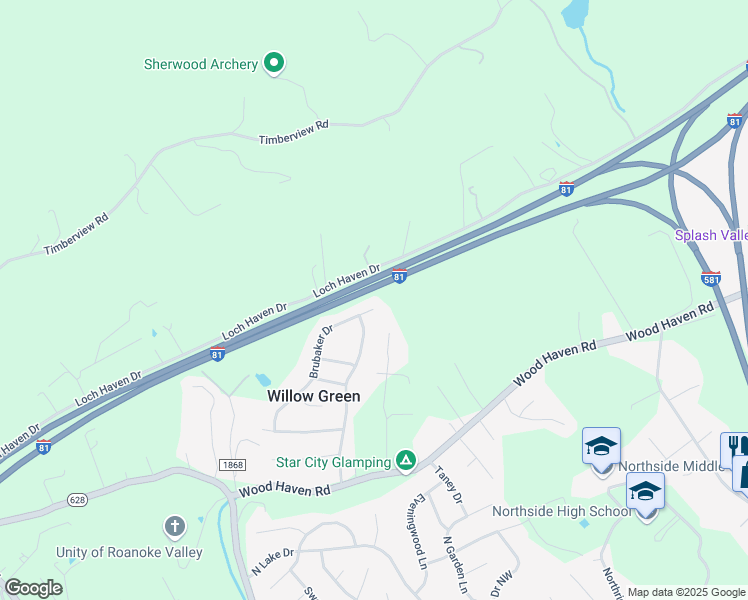 map of restaurants, bars, coffee shops, grocery stores, and more near 8574 Brubaker Drive in Roanoke
