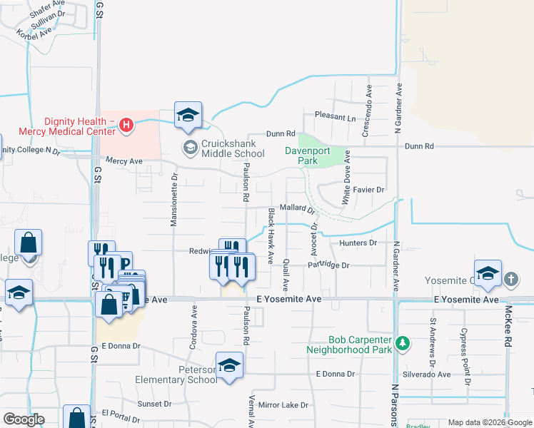 map of restaurants, bars, coffee shops, grocery stores, and more near 3896 Pintail Court in Merced