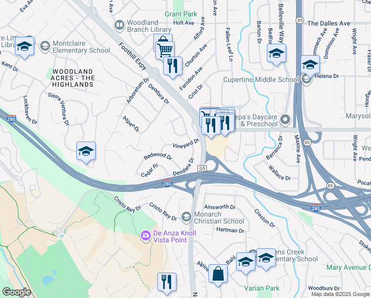 map of restaurants, bars, coffee shops, grocery stores, and more near 1590 Vineyard Drive in Los Altos