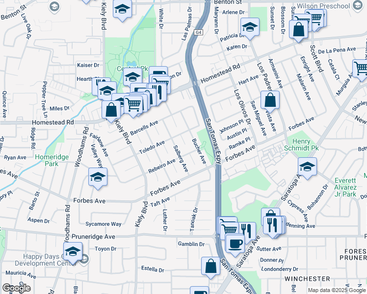 map of restaurants, bars, coffee shops, grocery stores, and more near 664 Marshall Court in Santa Clara