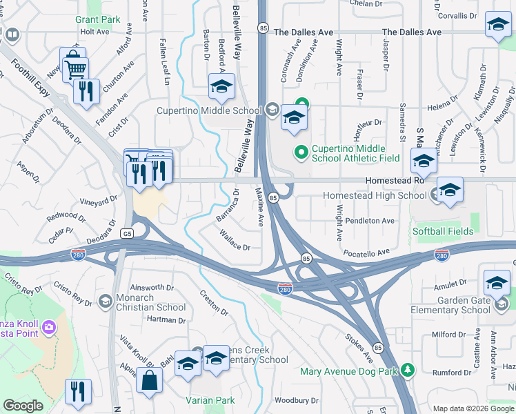 map of restaurants, bars, coffee shops, grocery stores, and more near 10921 Maxine Avenue in Cupertino