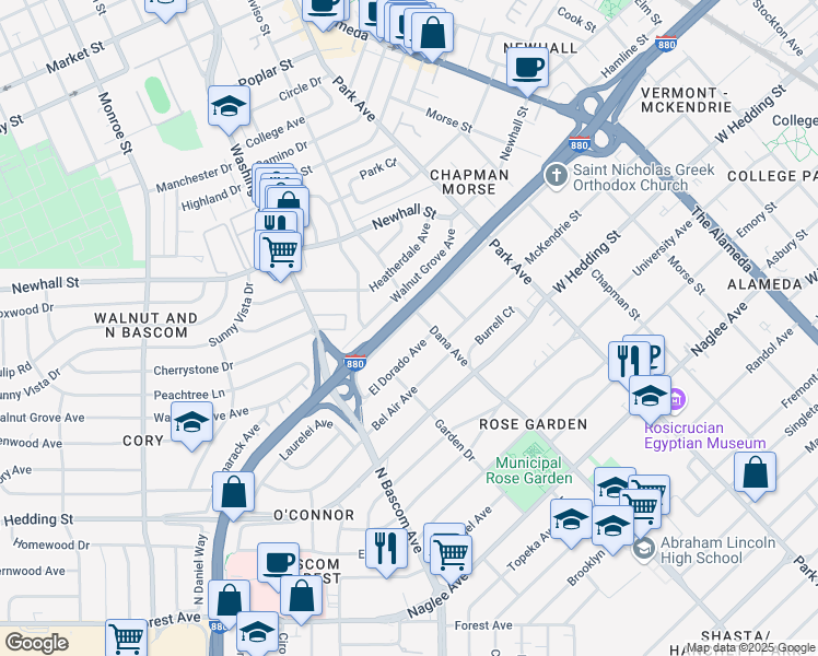 map of restaurants, bars, coffee shops, grocery stores, and more near 1646 Davis Street in San Jose