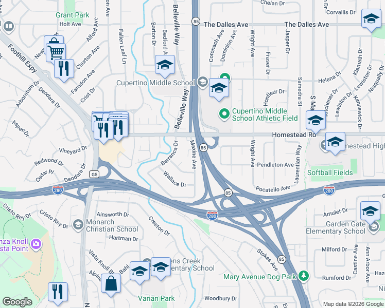 map of restaurants, bars, coffee shops, grocery stores, and more near 10921 Maxine Avenue in Cupertino