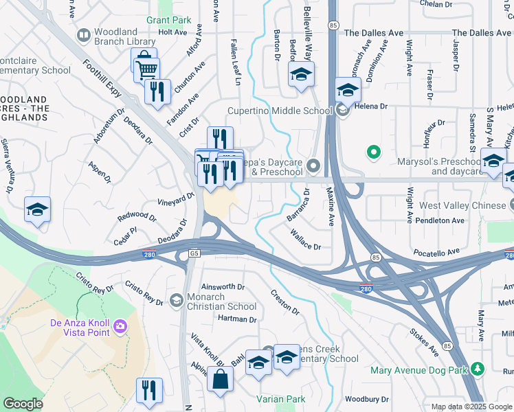 map of restaurants, bars, coffee shops, grocery stores, and more near 10923 Sweet Oak Street in Cupertino