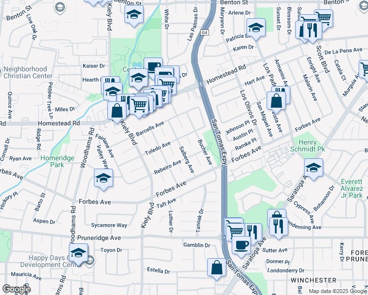 map of restaurants, bars, coffee shops, grocery stores, and more near 673 Salberg Avenue in Santa Clara