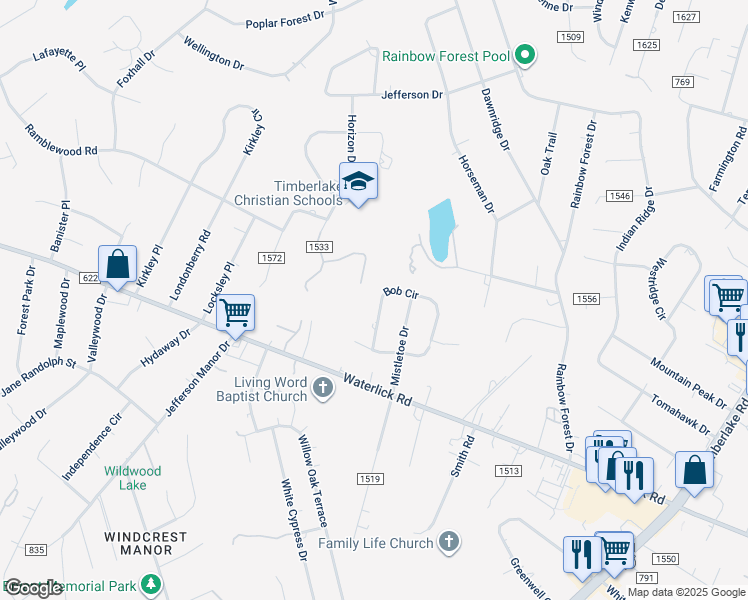 map of restaurants, bars, coffee shops, grocery stores, and more near 405 Bob Circle in Forest