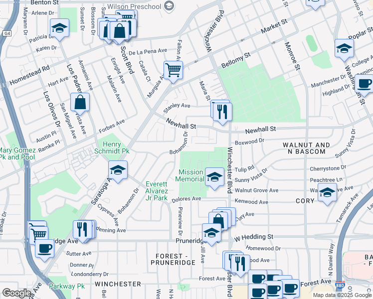 map of restaurants, bars, coffee shops, grocery stores, and more near 2082 Juliana Court in Santa Clara