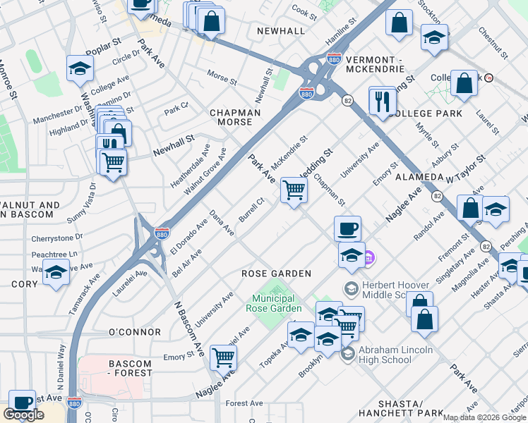 map of restaurants, bars, coffee shops, grocery stores, and more near 1447 Burrell Court in San Jose