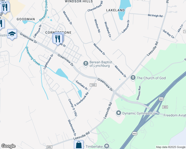 map of restaurants, bars, coffee shops, grocery stores, and more near 1424 Greenview Drive in Lynchburg