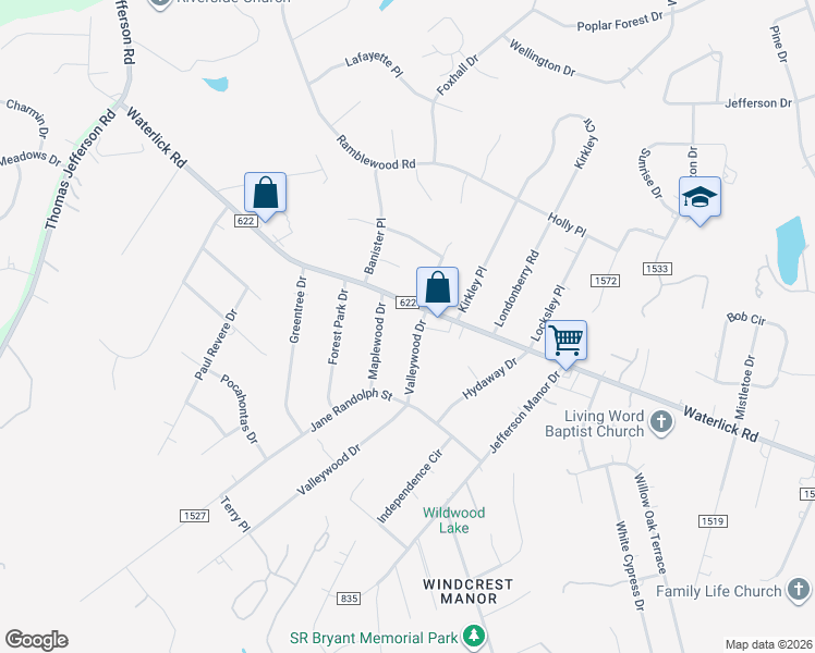 map of restaurants, bars, coffee shops, grocery stores, and more near 4788 Waterlick Road in Forest