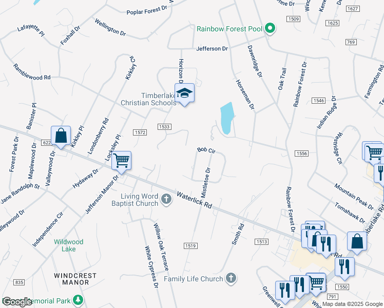 map of restaurants, bars, coffee shops, grocery stores, and more near 405 Bob Circle in Forest
