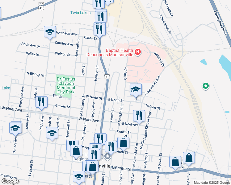 map of restaurants, bars, coffee shops, grocery stores, and more near 501-645 Earlwood Dr in Madisonville