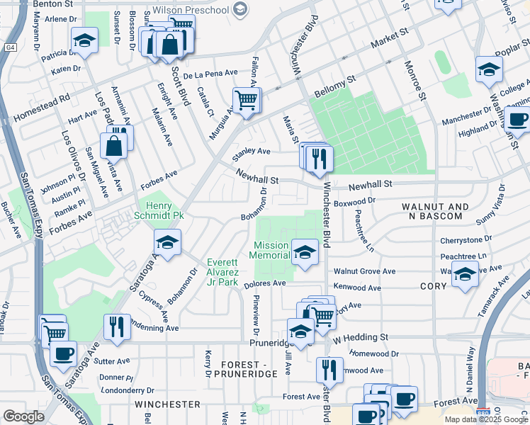 map of restaurants, bars, coffee shops, grocery stores, and more near 2082 Juliana Court in Santa Clara