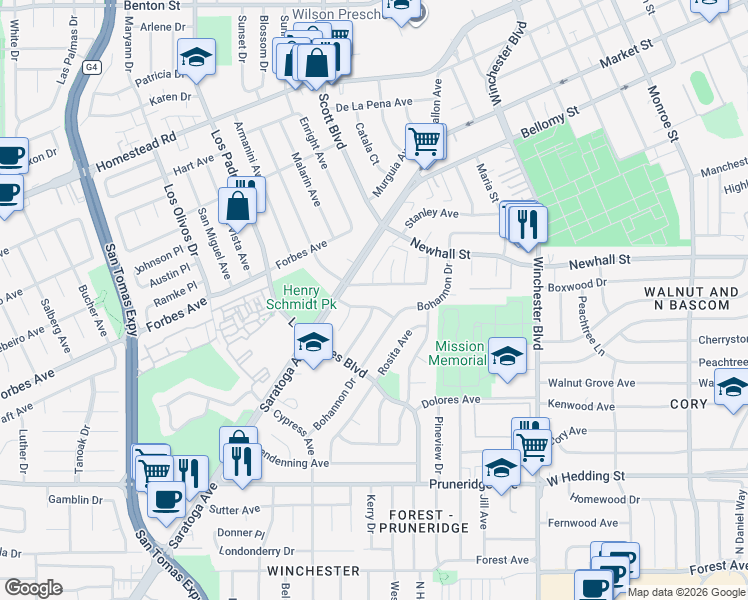 map of restaurants, bars, coffee shops, grocery stores, and more near 443 Juanita Drive in Santa Clara