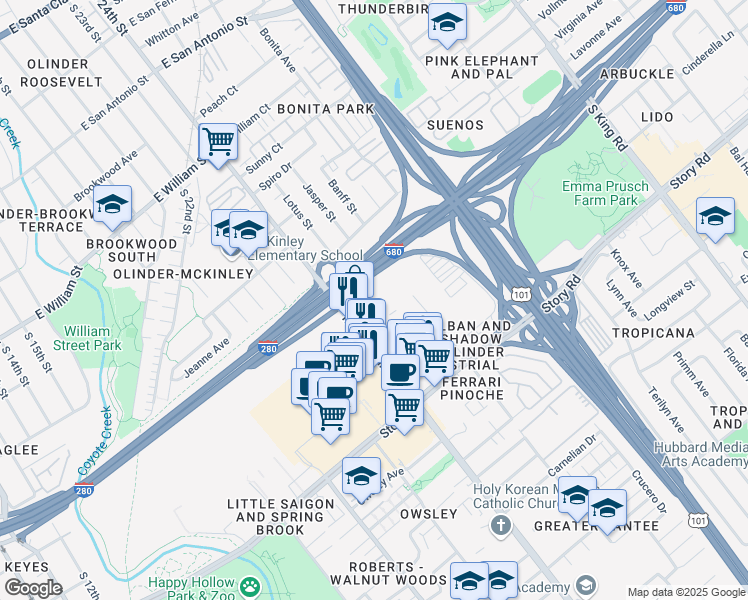 map of restaurants, bars, coffee shops, grocery stores, and more near 930 McLaughlin Avenue in San Jose