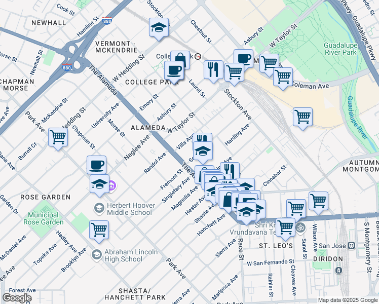 map of restaurants, bars, coffee shops, grocery stores, and more near 1624 The Alameda in San Jose