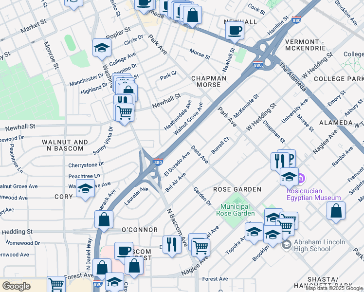 map of restaurants, bars, coffee shops, grocery stores, and more near 1646 Davis Street in San Jose