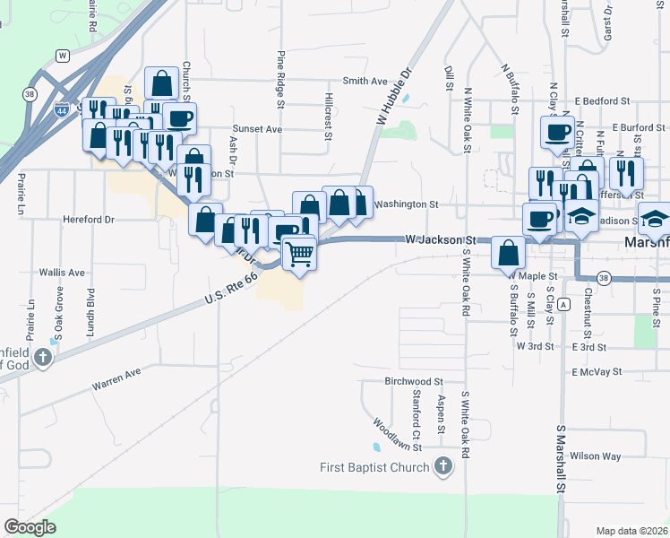 map of restaurants, bars, coffee shops, grocery stores, and more near 812 West Jackson Street in Marshfield