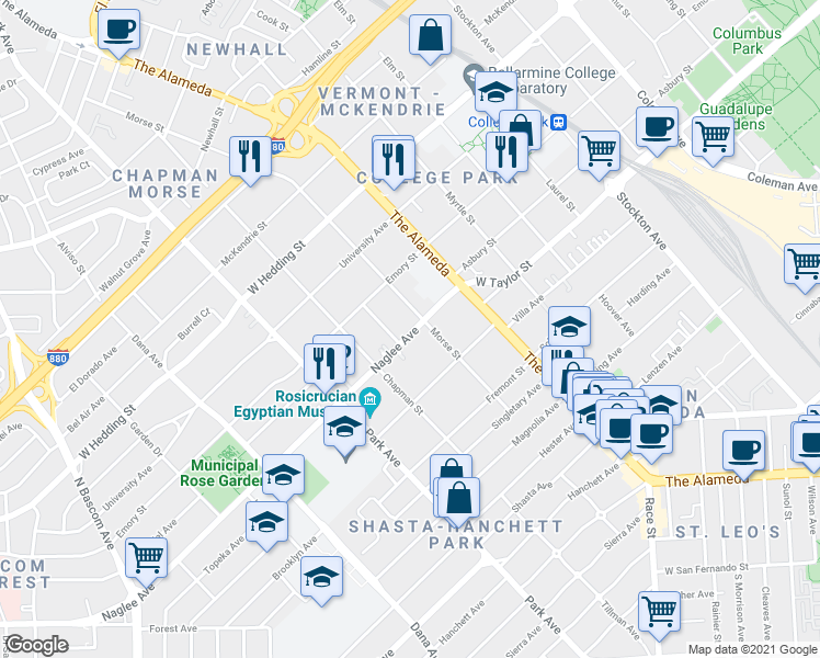 map of restaurants, bars, coffee shops, grocery stores, and more near 1229 Naglee Ave in San Jose