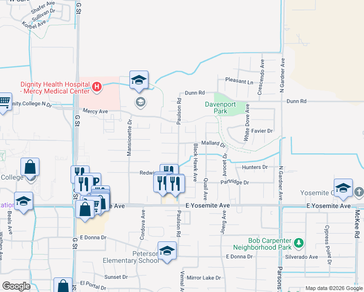 map of restaurants, bars, coffee shops, grocery stores, and more near 3891 Pintail Court in Merced