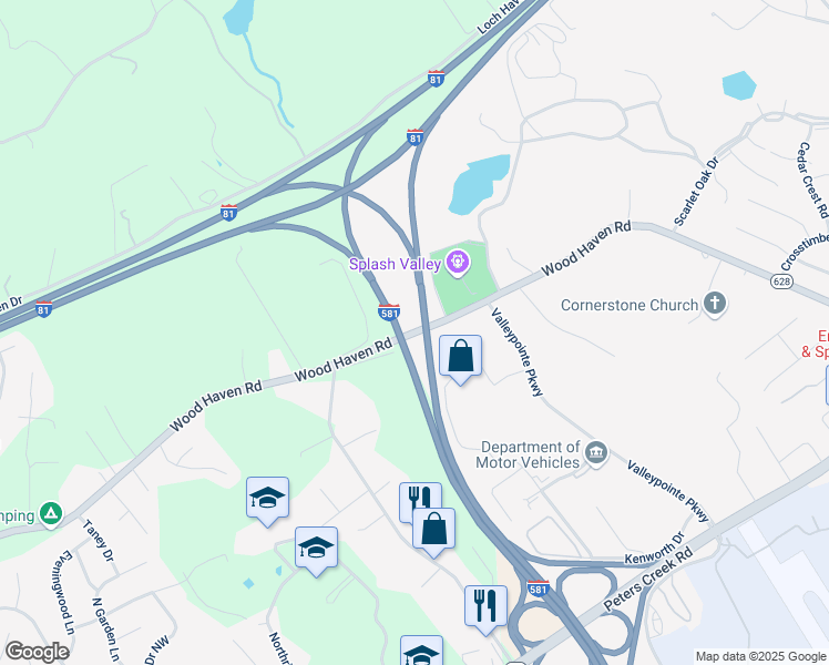 map of restaurants, bars, coffee shops, grocery stores, and more near Wood Haven Road in Roanoke