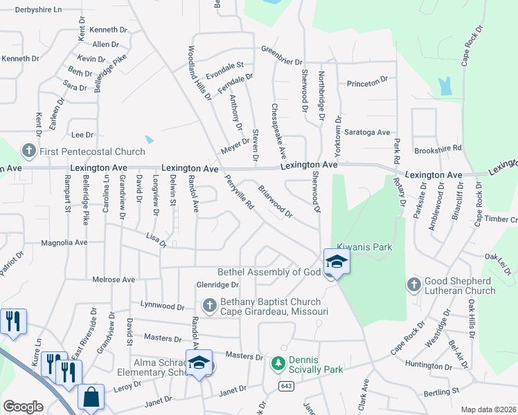 map of restaurants, bars, coffee shops, grocery stores, and more near 1960 Perryville Road in Cape Girardeau