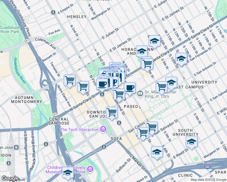 map of restaurants, bars, coffee shops, grocery stores, and more near 25 South 3rd Street in San Jose