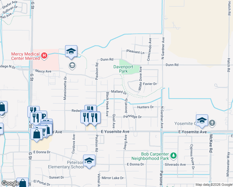 map of restaurants, bars, coffee shops, grocery stores, and more near 3890 Quail Avenue in Merced