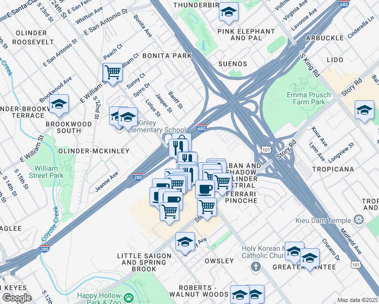 map of restaurants, bars, coffee shops, grocery stores, and more near 930 McLaughlin Avenue in San Jose