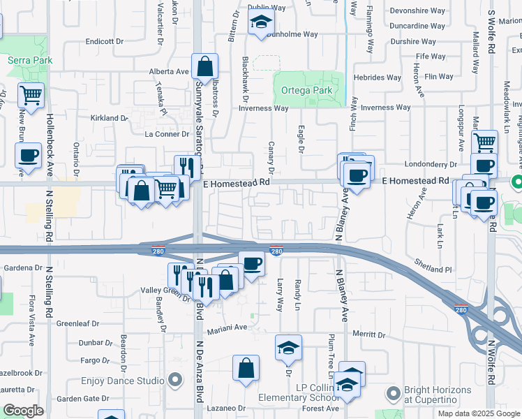 map of restaurants, bars, coffee shops, grocery stores, and more near 20286 Northbrook Square in Cupertino