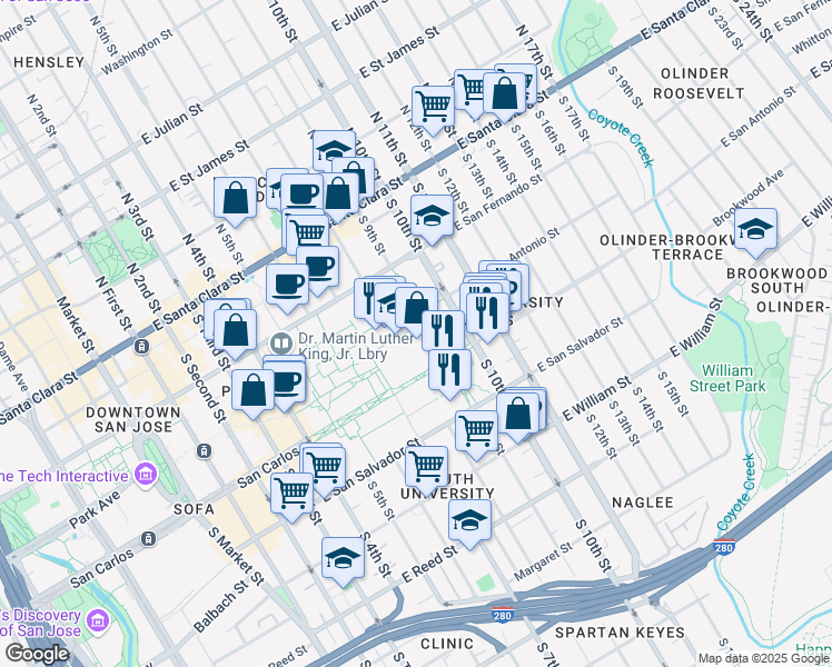map of restaurants, bars, coffee shops, grocery stores, and more near 172 South 9th Street in San Jose