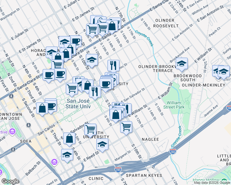 map of restaurants, bars, coffee shops, grocery stores, and more near in San Jose