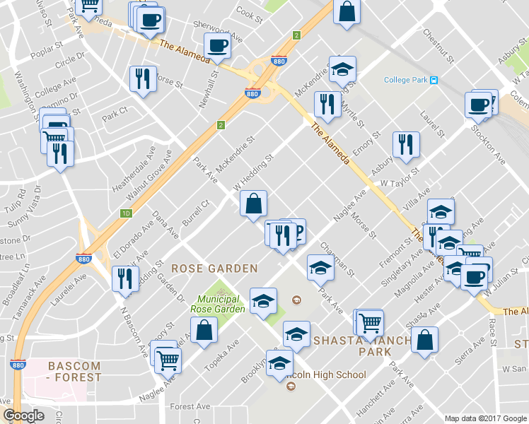 map of restaurants, bars, coffee shops, grocery stores, and more near 1364 University Avenue in San Jose