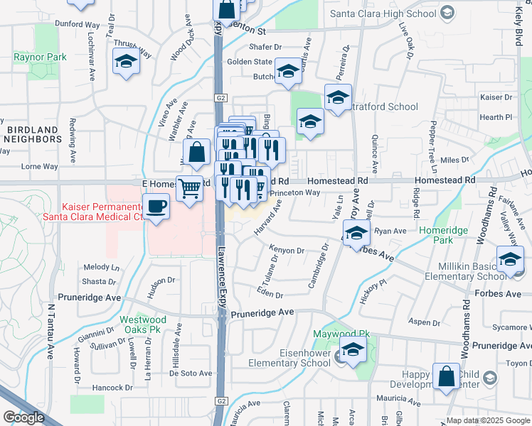 map of restaurants, bars, coffee shops, grocery stores, and more near 3520 Homestead Road in Santa Clara