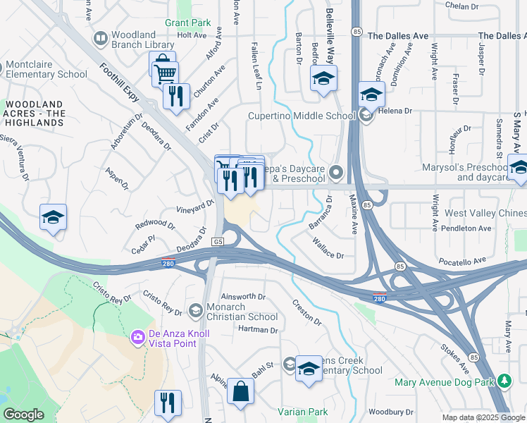 map of restaurants, bars, coffee shops, grocery stores, and more near 2220 Homestead Court in Los Altos