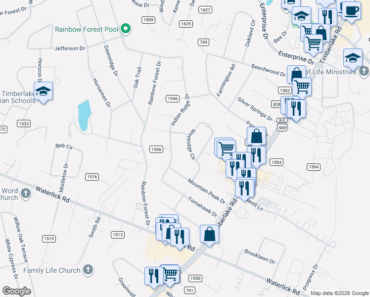 map of restaurants, bars, coffee shops, grocery stores, and more near 218 Westridge Circle in Lynchburg