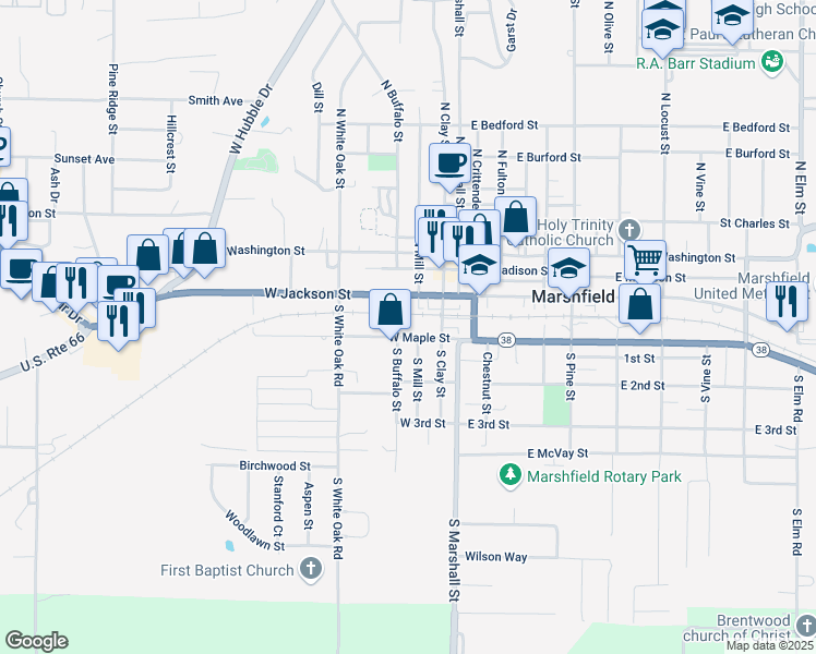 map of restaurants, bars, coffee shops, grocery stores, and more near 303 W Maple St in Marshfield
