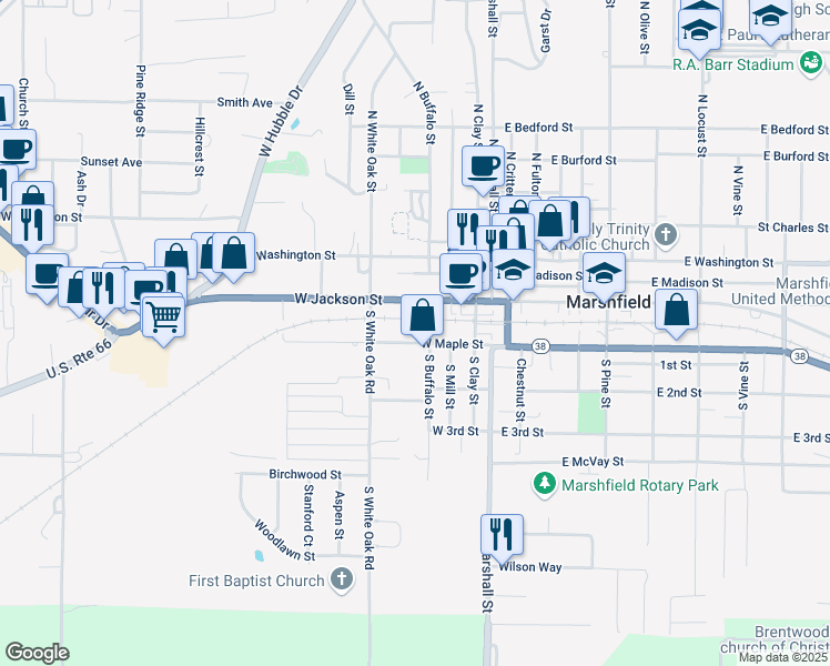 map of restaurants, bars, coffee shops, grocery stores, and more near 415 W Maple St in Marshfield