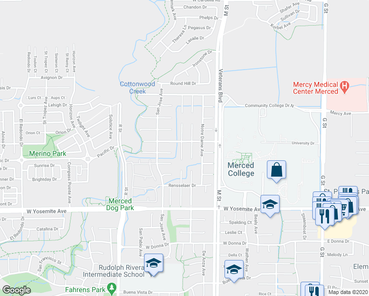 map of restaurants, bars, coffee shops, grocery stores, and more near 3872 De Paul Court in Merced