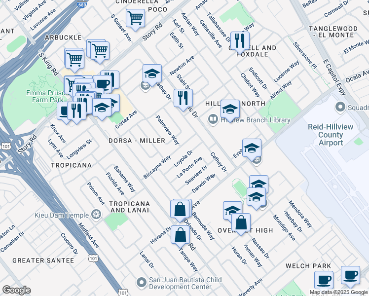 map of restaurants, bars, coffee shops, grocery stores, and more near 1901 Loyola Drive in San Jose