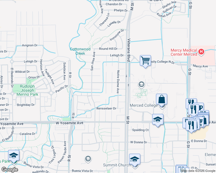 map of restaurants, bars, coffee shops, grocery stores, and more near 3872 De Paul Court in Merced