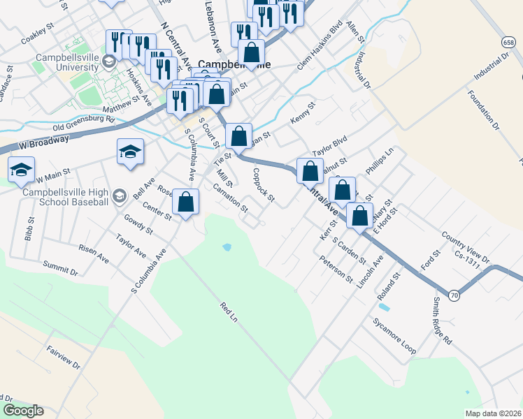 map of restaurants, bars, coffee shops, grocery stores, and more near 230 Carnation Street in Campbellsville