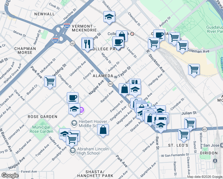 map of restaurants, bars, coffee shops, grocery stores, and more near 1655 The Alameda in San Jose